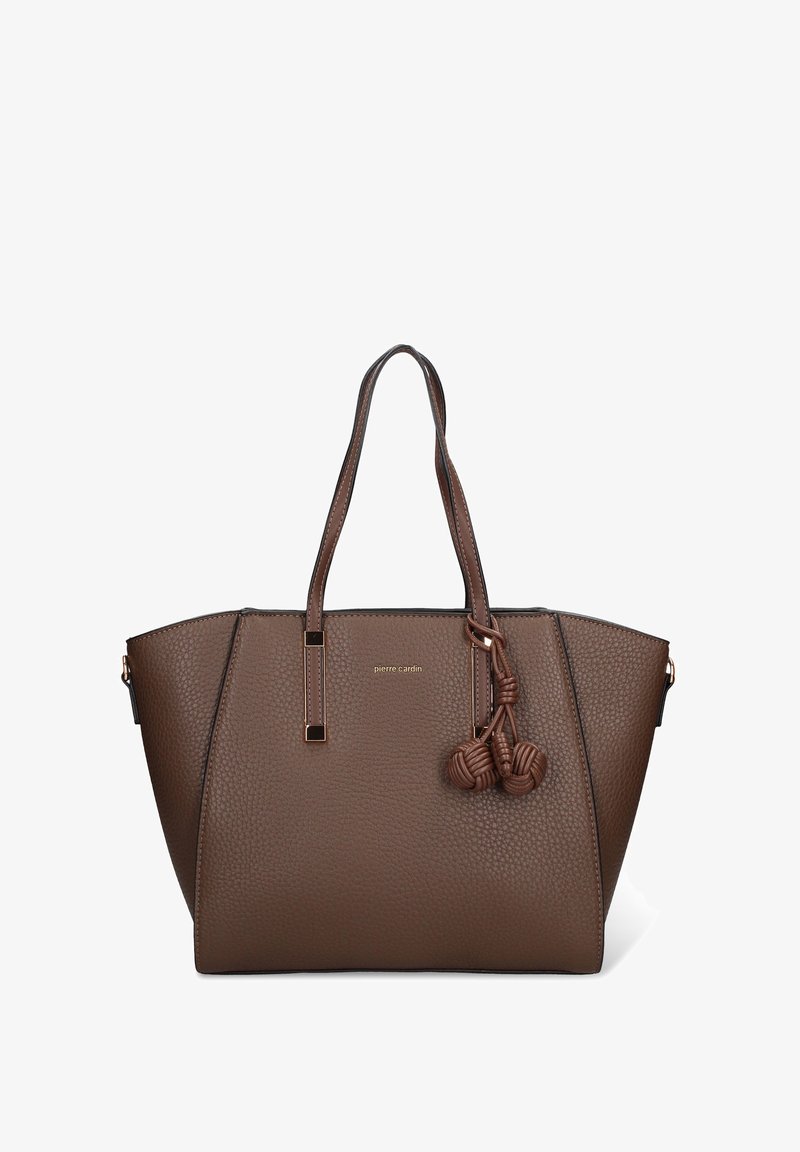 Borsa tote in pelle marrone con texture a grana grossa, design angolare, doppi manici e un dettaglio decorativo annodato sul lato.