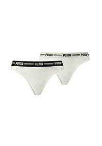 Zwei Paar weiße Tanga-Unterwäsche aus Baumwollstoff mit einem schwarzen Puma-Logo-Bündchen und weißen Streifen. Einfaches und funktionales Design.