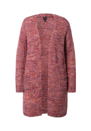 Pitkä purppura- ja oranssiraidallinen neulecardigan, jossa on avoin etuosa ja kaksi etutaskua.