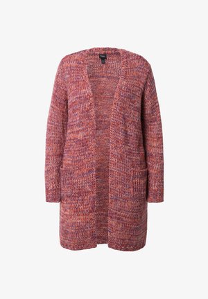 Langer lila-orange melierter Strickcardigan mit offener Vorderseite und zwei Vordertaschen.