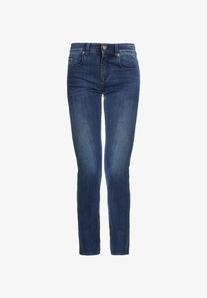 Jean en denim slim-fit bleu foncé avec poches avant, passants de ceinture et fermeture à bouton.