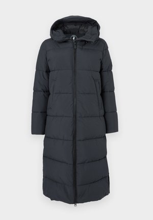 Long padded coat in dark gray, featuring a zippered front, hood, and side pockets. Quilted design with textured panels.