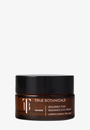 Pot en verre brun avec un couvercle noir, étiqueté "True Botanicals Resurrection Radiance Eye Cream", avec un texte blanc et un logo circulaire.