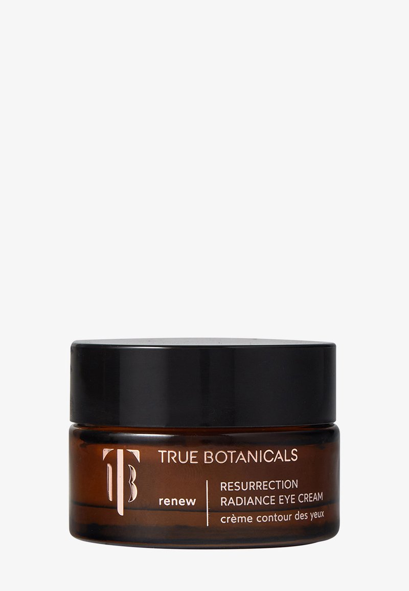 Pot en verre brun avec un couvercle noir, étiqueté "True Botanicals Resurrection Radiance Eye Cream", avec un texte blanc et un logo circulaire.