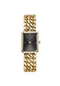 Gouden schakelschakelarmband horloge met een rechthoekige zwarte wijzerplaat en gouden accenten. Voorzien van een gestructureerde wijzerplaat, een octagonale kast en minimalistische wijzers.