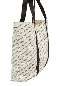 Borsa tote realizzata in tessuto naturale con il testo nero ripetuto "CALLIOPE". Presenta due manici in tessuto scuro e una forma strutturata.