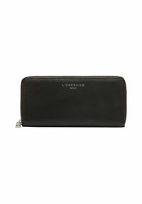 Czarny skórzany portfel o gładkiej fakturze, wyposażony w zapięcie na zamek błyskawiczny. Srebrne wytłaczane logo "LIEBESKIND BERLIN" na przedniej stronie.