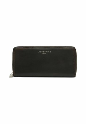 Portefeuille en cuir noir à texture lisse, doté d'une fermeture éclair. Logo « LIEBESKIND BERLIN » embossé en argent sur le devant.