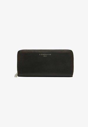 Czarny skórzany portfel o gładkiej fakturze, wyposażony w zapięcie na zamek błyskawiczny. Srebrne wytłaczane logo "LIEBESKIND BERLIN" na przedniej stronie.