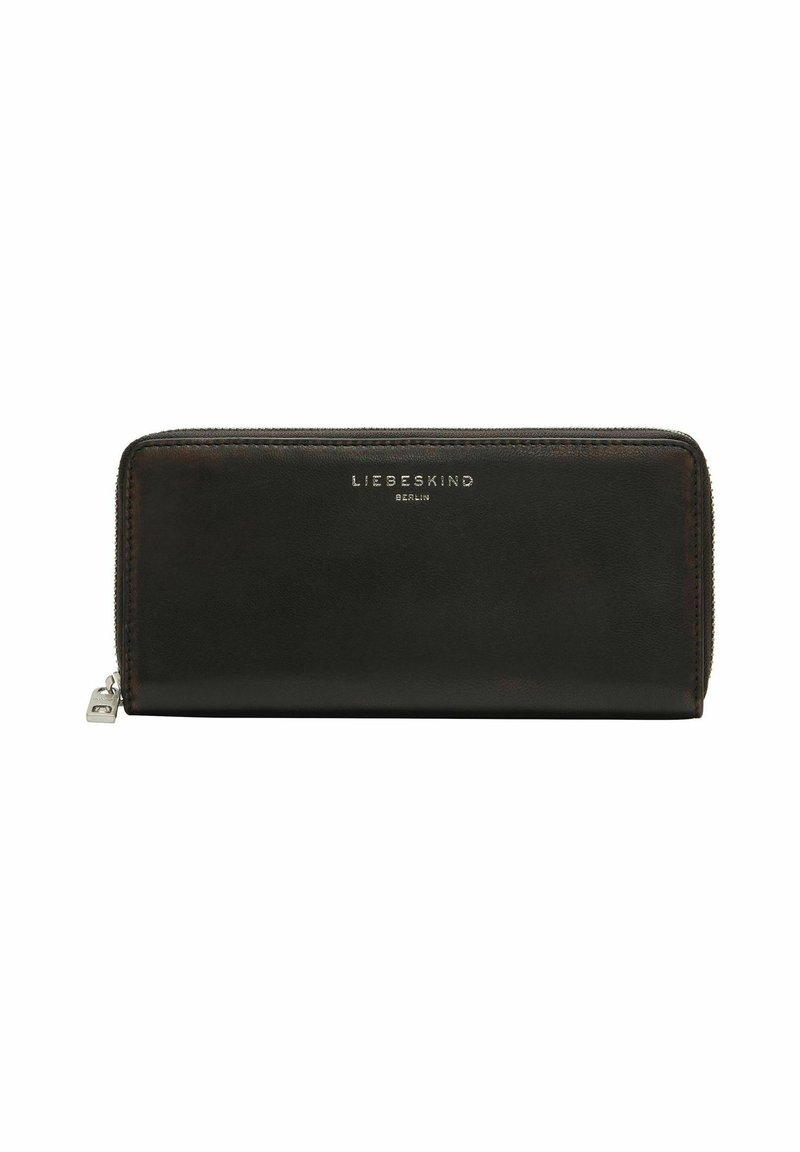 Czarny skórzany portfel o gładkiej fakturze, wyposażony w zapięcie na zamek błyskawiczny. Srebrne wytłaczane logo "LIEBESKIND BERLIN" na przedniej stronie.