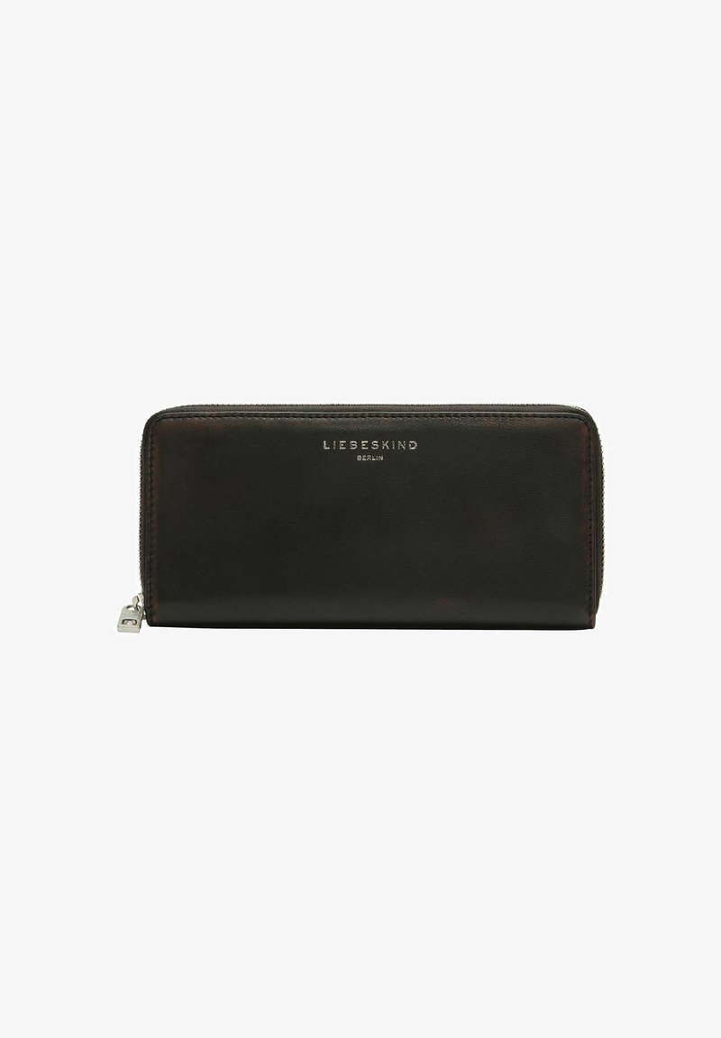 Czarny skórzany portfel o gładkiej fakturze, wyposażony w zapięcie na zamek błyskawiczny. Srebrne wytłaczane logo "LIEBESKIND BERLIN" na przedniej stronie.