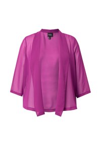 Genomskinlig magenta blus med trekvartsärmar, öppen fram, bred krage och lätt tyg.