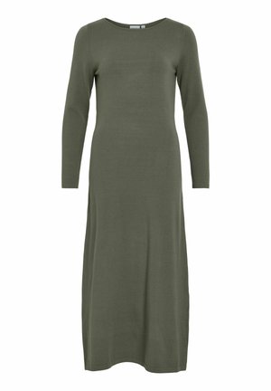 Soe rohelise, pika varrukaga maksikleit, mis on valmistatud pehmest ja venivast kangast. Lihtne ümmargune kaelus ja sirge siluett ilma mustriteta.