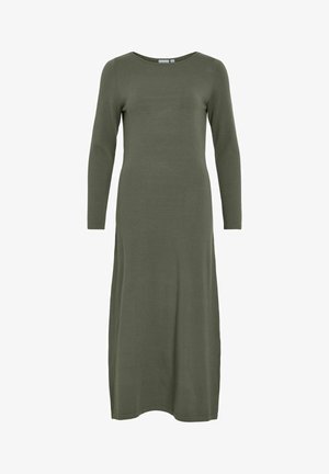 Soe rohelise, pika varrukaga maksikleit, mis on valmistatud pehmest ja venivast kangast. Lihtne ümmargune kaelus ja sirge siluett ilma mustriteta.