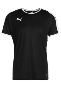 Musta urheilupaita lyhyillä hihoilla, valkoiset korostukset kauluksessa ja hartioissa, valmistettu sileästä ja kevyestä kankaasta. Puma-logo rinnassa.