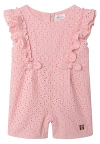 Růžový bavlněný overal s výšivkou, volánkovými ramínky a zapínáním na knoflík na zadní straně. Obsahuje malou značkovou visačku na spodní straně.