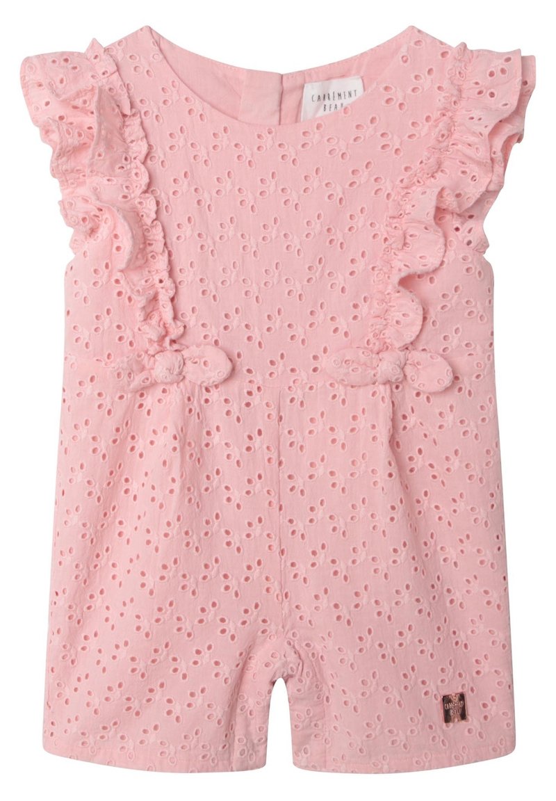 Růžový bavlněný overal s výšivkou, volánkovými ramínky a zapínáním na knoflík na zadní straně. Obsahuje malou značkovou visačku na spodní straně.