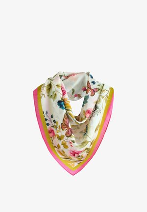 Firkantet silketørklæde med pink og guld kanter, der har blomster- og sommerfuglemønstre i bløde pastelfarver.