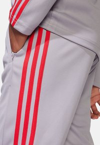 Grauer Sportanzug mit drei roten Streifen entlang der Ärmel und Hosen. Das Material wirkt glatt und hat eine strukturierte Passform.