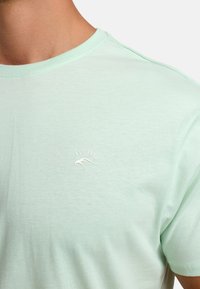 Mint green cotton t-shirt with a round neckline and short sleeves. Features a small white logo with "EST. 1993" stitched on the chest.