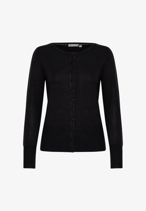 Musta neuletakki, jossa pitkät hihat, pyöreä pääntie ja napitettu etuosa. Valmistettu pehmeästä kankaasta, jossa on sileä pinta ja vartalonmyötäinen leikkaus.