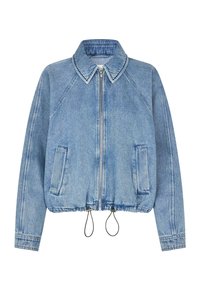 Světlá modrá džínová bunda se zipem vpředu, s límcem, raglánovými rukávy, elastickým pasem a dvěma bočními kapsami. Hladká textura a ležérní design.
