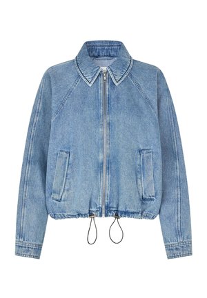 Světlá modrá džínová bunda se zipem vpředu, s límcem, raglánovými rukávy, elastickým pasem a dvěma bočními kapsami. Hladká textura a ležérní design.