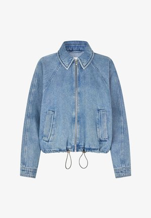 Světlá modrá džínová bunda se zipem vpředu, s límcem, raglánovými rukávy, elastickým pasem a dvěma bočními kapsami. Hladká textura a ležérní design.