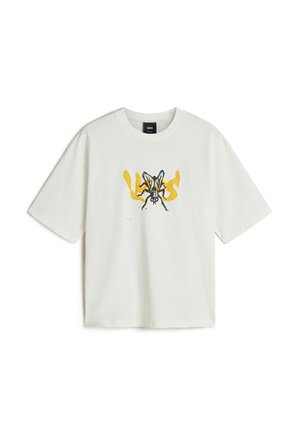 White cotton t-shirt with short sleeves, featuring a colorful insect graphic in yellow and black. Round neckline, relaxed fit.