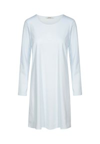 Helles blaues Langarmkleid aus weichem Stoff, mit rundem Ausschnitt und einem dezenten geprägten Logo auf der Vorderseite.