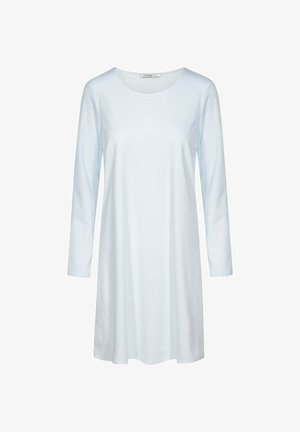 Helles blaues Langarmkleid aus weichem Stoff, mit rundem Ausschnitt und einem dezenten geprägten Logo auf der Vorderseite.