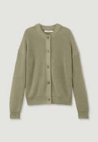 Grön stickad cardigan med rund hals, knappstängning framtill, ribbad nederkant och ärmslut samt ett strukturerat mönster genom hela plagget.