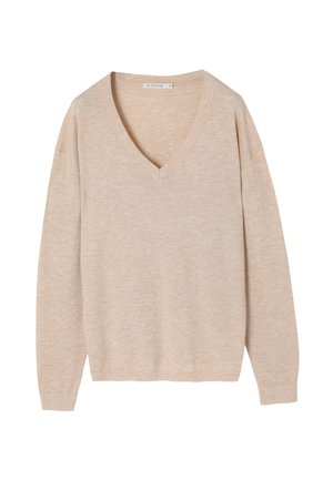 Maglione beige a scollo a V, realizzato in tessuto morbido, presenta maniche lunghe, una vestibilità rilassata e una texture sottile. Design minimalista senza motivi.