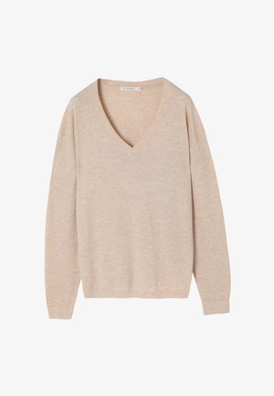 Beige V-hals trui, gemaakt van zacht stof, heeft lange mouwen, een relaxte pasvorm en een subtiele textuur. Minimalistisch ontwerp zonder patronen.