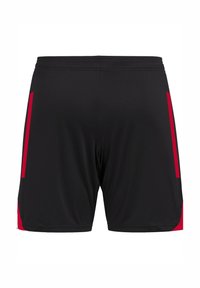 Schwarze Sportshorts mit roten seitlichen Akzenten, ausgestattet mit einem elastischen Bund und einer glatten Stofftextur für Komfort und Flexibilität.