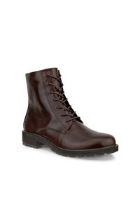 Dunkelbrauner Leder-Schnürstiefel mit Gummisohle und niedrigem Absatz, nach links geneigt auf weißem Hintergrund.