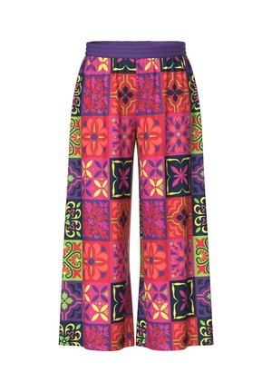 Pantaloni a gamba larga colorati con un design a patchwork che presenta motivi floreali e geometrici in tonalità vivaci di rosa, verde e viola.