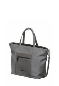 Sac cabas gris avec deux poignées, poche zippée à l'avant et bandoulière amovible, en matière lisse et texturée.