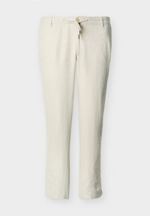 Beige linen drawstring pants with button closure, straight legs, and belt loops against a plain background.