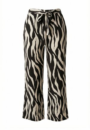 Zwart-beige zebra-print wijde broek met tailleband met strikceintuur, hoge taille en losse pasvorm.