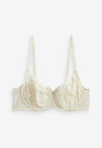 Crème kleurige bralette met kantafwerking, gemaakt van een zachte, gladde stof, voorzien van verstelbare bandjes en een gestructureerd, volledige dekking ontwerp.