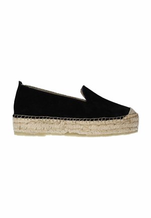 Zwarte suède espadrille met een jute touwzool, voorzien van een gesloten neus en instapontwerp. Platte zool met een versterkte teenkap.