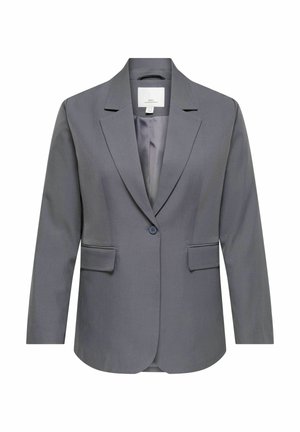 Grijze damesblazer met één knoop, met ingesneden revers en klepzakken, weergegeven op een witte achtergrond.