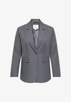 Grijze damesblazer met één knoop, met ingesneden revers en klepzakken, weergegeven op een witte achtergrond.