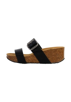 Sandale compensée noire avec semelle en liège, dotée de deux larges brides et d'une boucle en argent. Matériau supérieur lisse avec un pied de semelle texturé.