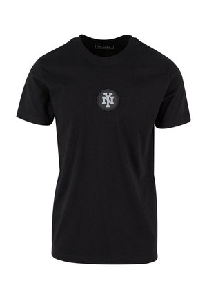 Black cotton t-shirt with short sleeves, featuring a circular logo with gray letters "N" and "Y" on the chest. Smooth texture, regular fit.