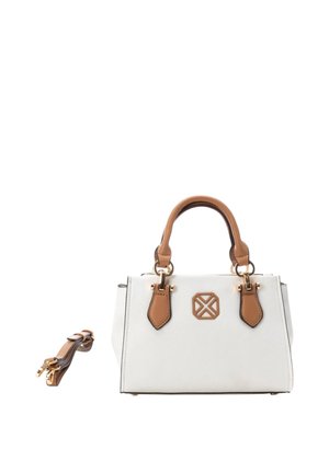 Borsa bianca con rifiniture in pelle marrone e dettagli in oro. Design strutturato con manici superiori doppi e una tracolla removibile. Dettaglio con logo monogram.