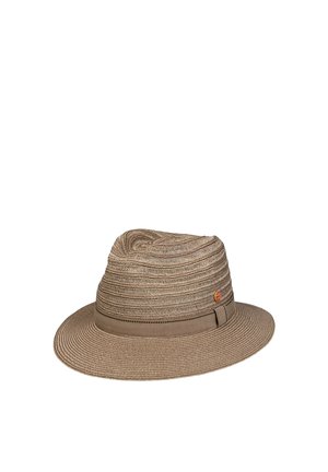 Brown woven fedora hat with a wide brim and a matching fabric band featuring a small round emblem on the side.