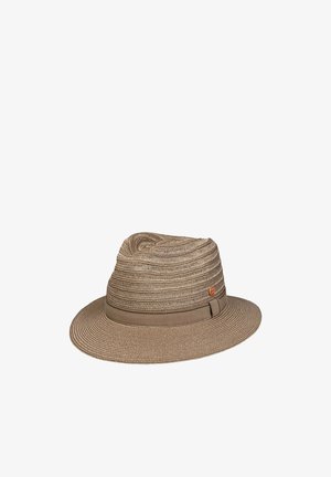 Brown woven fedora hat with a wide brim and a matching fabric band featuring a small round emblem on the side.