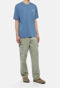 Osoba oblečená v modrém tričku s krátkým rukávem Dickies, světlých zelených cargo kalhotách s bočními kapsami a béžových nazouvacích botách, stojící proti bílému pozadí.